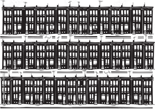 Woodcut expressionist image of a line of urban rowhouses with tv antennas
