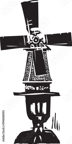 Woodcut expressionist image of the windmills of the mind