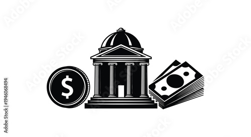 Banking and finance concept a building money and a dollar coin depicted