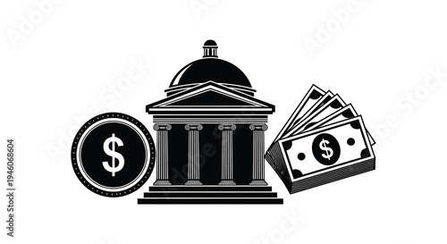 Black and white illustration of a bank building money and coins