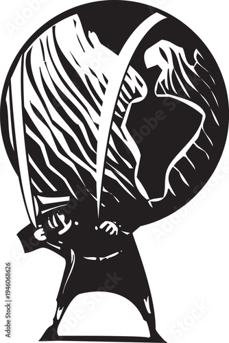 Woodcut expressionist image of a man carrying the globe of the world on his back. 