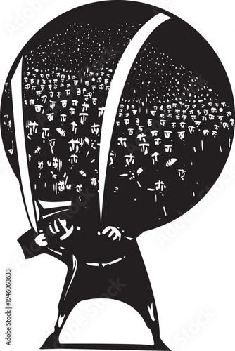 Woodcut expressionist style image of a person carrying a sphere that is full of people or refugees