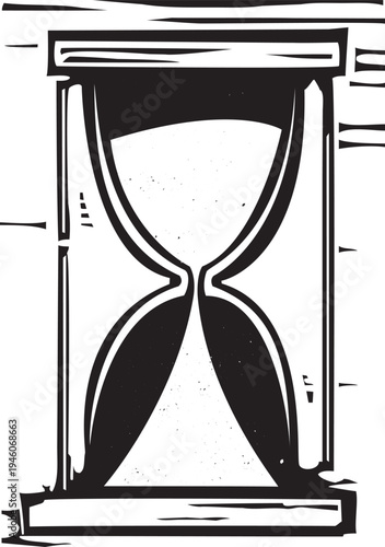 Woodcut style hourglass with the sand pouring out marking time.