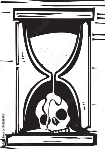 Woodcut style hourglass with the sand pouring on the top of a human skull
