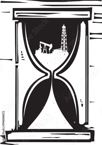 Hour glass with a oil rig in it as a metaphor for peak oil