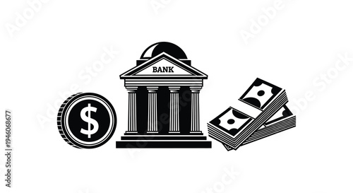 Black and white illustration depicting a bank building money and a dollar sign