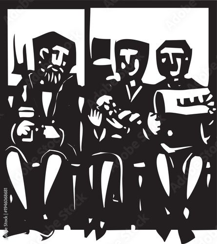 Woodcut expressionist image of a several people in a hospital waiting room.