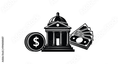 Black and white illustration of a bank building money and coins