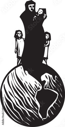 Woodcut expressionst inage of a Woman in a hijab standing on a globe of the earth  with her children