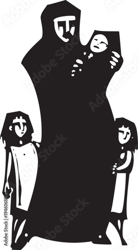 Woodcut expressionst inage of a Woman in a hijab with her children