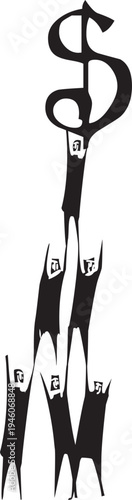 Woodcut expressionist style image of a pyramid scheme with a stack of peope holding up a dollar sign 