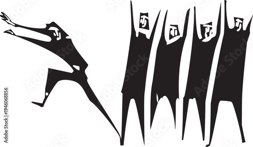 Woodcut expressionist image of man running  away from of group of people in fear
