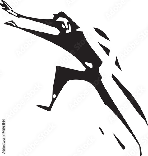 Woodcut expressionist image of man running  away in fear