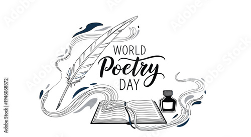 Vector illustration for World Poetry Day with feather, book and ink