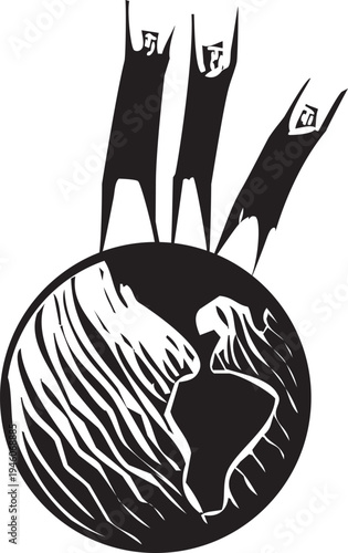 Woodcut expressionist image of three people standing atop a globe of the earth