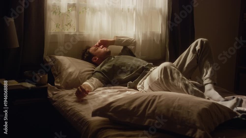 Full length shot of depressed middle aged man rolling over in bed feeling tired and reluctant to wake up in morning