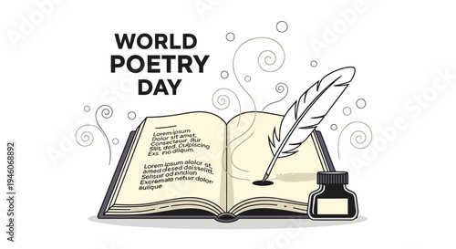 Vector illustration of book with feather pen for World Poetry Day