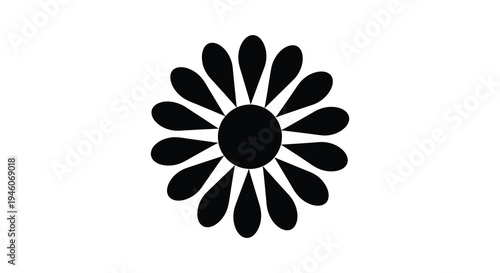 Simple black and white illustration of a daisy like flower with rounded petals