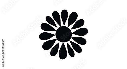 Simple black flower illustration on a white background featuring rounded petals