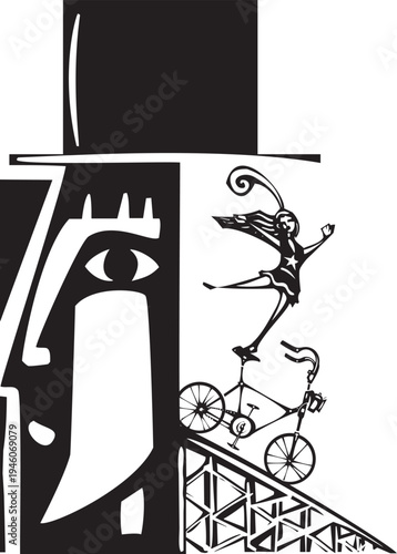 Woodcut style image of a man thinking about the circus