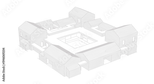Isometric vector illustration of a white courtyard surrounded by buildings
