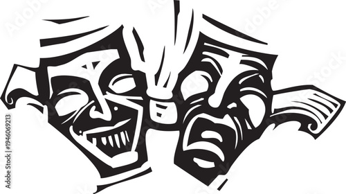 Woodcut style Janus stage acting faces of happy and sad