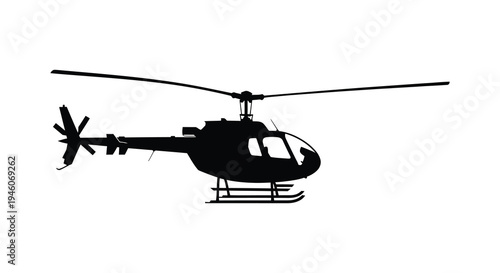 Silhouette of a helicopter against a stark white background showcasing its design