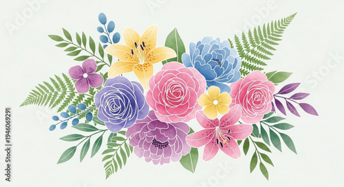 A colorful floral arrangement with roses, lilies, and other flowers in a bouquet