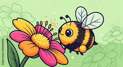 A colorful cartoon bee collecting pollen from a vibrant flower in a whimsical illustration