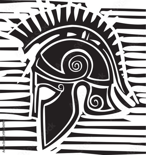 Woodcut style image of an ancient greek hoplite soldier's bronze helmet 