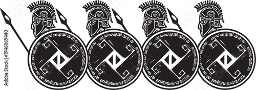 Woodcut style greek hoplite soldier with archaic weapons