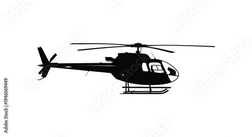 Silhouette of a helicopter in flight against a plain white background