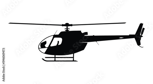 A black silhouette of a helicopter in a side profile showcasing its design