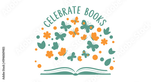 Vector illustration of book celebration logo with flowers and butterflies