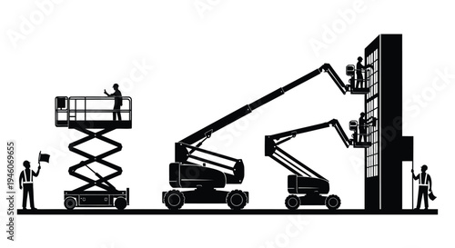 Set of 3 construction lift icons vector, aerial lifts, scissor lifts