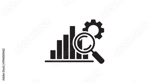 Business Analytics Icon Magnifying Glass Bar Chart and Gear Symbol for Data Analysis Strategy and Performance Optimization