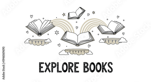 Vector illustration of books with rainbow and clouds, EXPLORE BOOKS logo