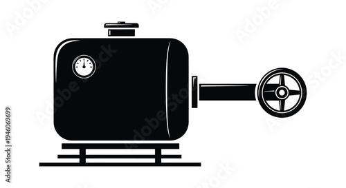 A black and white illustration of a vintage style oxygen tank with gauge and valve