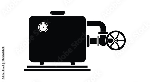 Simple black and white illustration of a water heater with gauge and valve