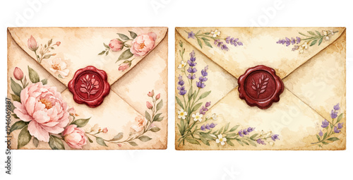 A watercolor collection of vintage floral envelopes with wax seals for romantic stationery, wedding invitations, antique correspondence designs, and elegant letter graphics.