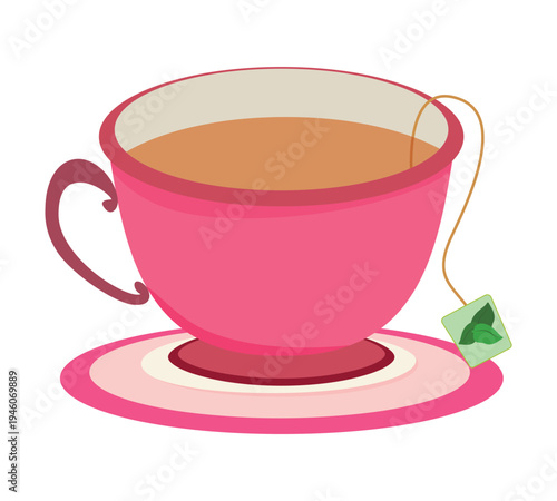 Pink tea cup on a saucer. Vector illustration.