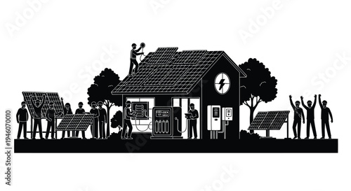 Vector illustration of people installing solar panels on house