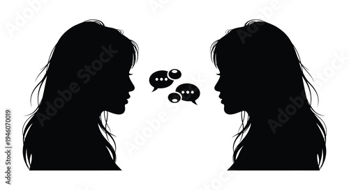 Two women facing each other in silhouette with speech bubbles between them