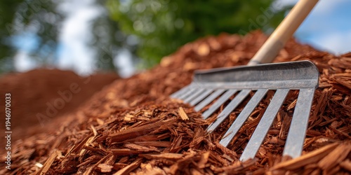 gardening tools, a rake rests on top of a fresh cedar wood chip mulch pile, capturing its textures and colors in a sunny garden