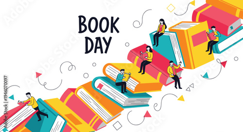 Vector illustration of World Book Day colorful book stack with people