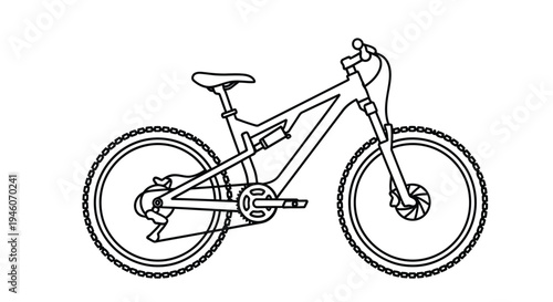 Line drawing of a full suspension mountain bike side view on a white background