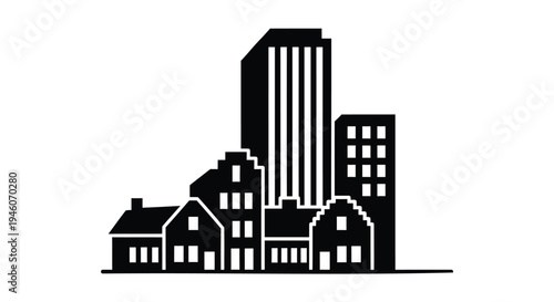 Set of 6 black city buildings vector icons