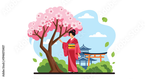 Japanese woman in traditional kimono standing under blooming cherry blossom tree near pagoda temple, serene spring season flat vector illustration perfect for travel and cultural festival themes