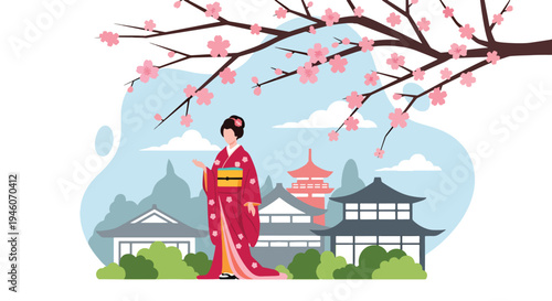 Japanese woman in traditional kimono standing under blooming cherry blossom tree near pagoda temple, serene spring season flat vector illustration perfect for travel and cultural festival themes