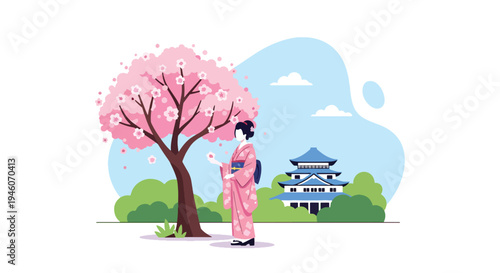 Japanese woman in traditional kimono standing under blooming cherry blossom tree near pagoda temple, serene spring season flat vector illustration perfect for travel and cultural festival themes